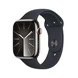 Immagine di Apple Watch Series 9 GPS + Cellular 45mm Smartwatch con cassa in acciaio inossidabile color grafite e Cinturino Sport mezzanotte - S/M. Fitness tracker, app Livelli O₂, display Retina always-on