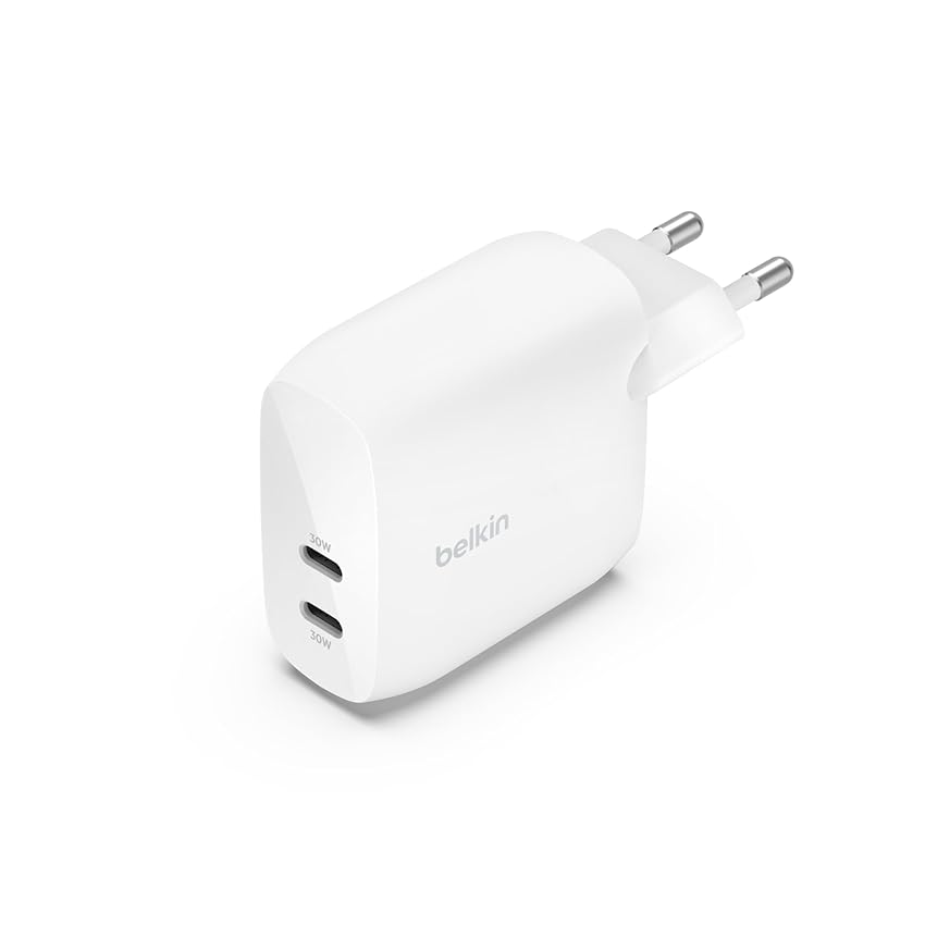 Immagine di Belkin BoostCharge Doppio caricabatteria USB-C con PPS da 60 W per iPhone 16, 15, 14, iPad,Samsung Galaxy e Google Pixel, caricatore USB C compatibile con cavi da USB-C a Lightning e da USB-C a USB-C