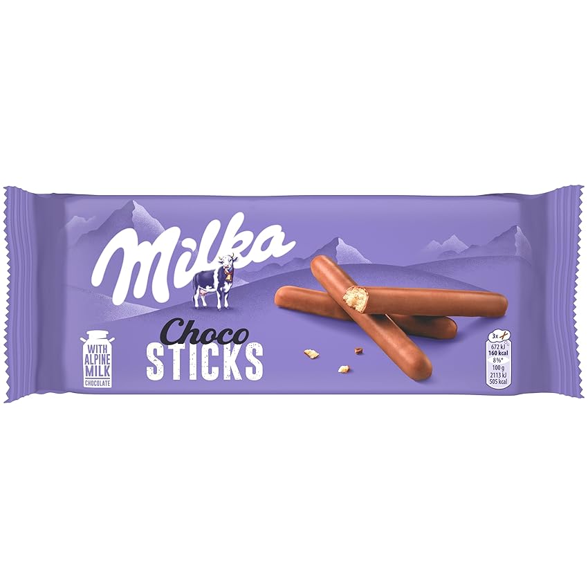 Immagine di Milka, Choco Sticks, Biscotto Goloso Ricoperto di uno Strato di Cioccolato al Latte Milka, con Latte Alpino, Cacao Sostenibile, 112g