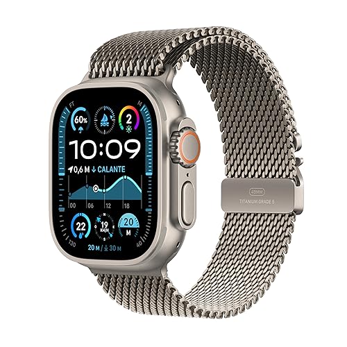 Immagine di Apple Watch Ultra 2 GPS + Cellular 49 mm Sportwatch con robusta cassa in titanio Naturale e Loop in maglia milanese Naturale - Medium. Fitness tracker, GPS di precisione, luminoso display Retina
