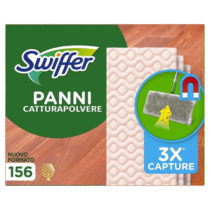 Immagine di Swiffer Panni Catturapolvere, 156 Microfibra Dry Parquet, Cattura Sporco, Ottimo per Tutti i Tipi di Pavimenti e per i Peli di Animali, Maxi Formato, Fibre Riciclate
