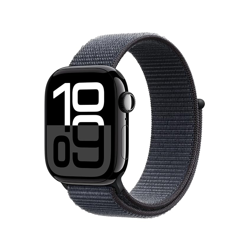Immagine di Apple Watch Series 10 GPS + Cellular 42 mm Smartwatch con cassa in alluminio Jet Black e Sport Loop Inchiostro - One Size. Fitness tracker, app ECG, display Retina always-on, resistente all’acqua